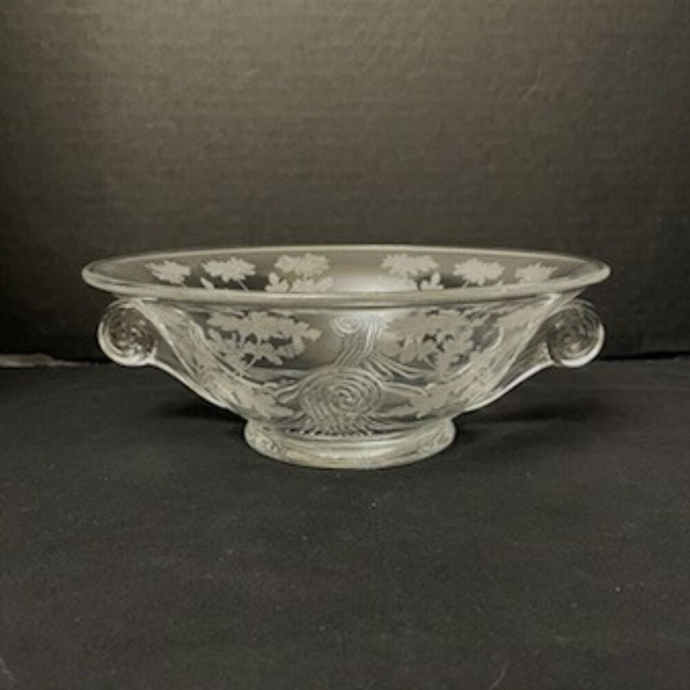 Vtg Etched Glass Bowl Floral Flowers Scrolled Handles 9" D